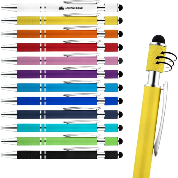 A collection of Elara Spinner Pens in various colours, featuring a textured grip and a branding logo.