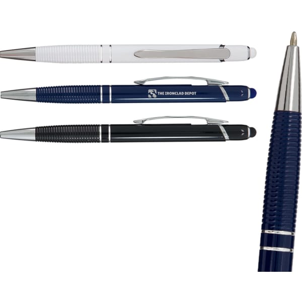 A selection of Saturn Aluminium Pens in white, blue, and black, featuring silver accents and branding.
