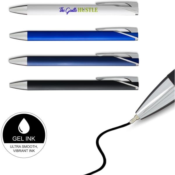 A set of gel ink pens in white, blue, and black, featuring shiny silver accents and a branding logo.