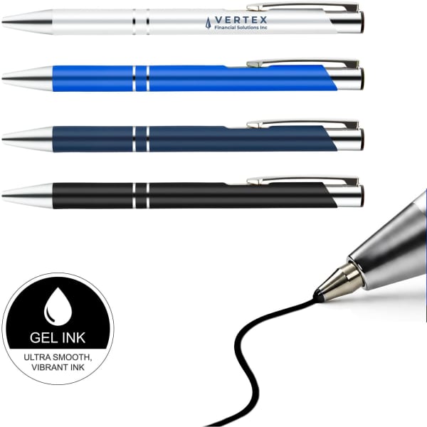 Four gel ink pens in silver, blue, dark blue, and black, with a logo on the silver pen.