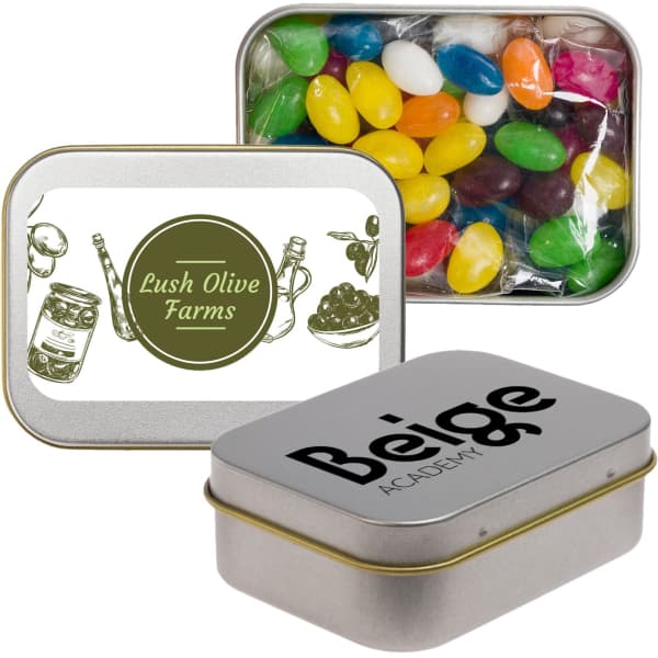Assorted colour mini jelly beans in a silver rectangular tin with a logo and a design on the lid.