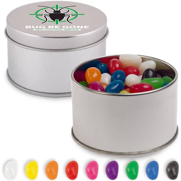 A silver round tin filled with assorted colour mini jelly beans, featuring a logo on the lid.