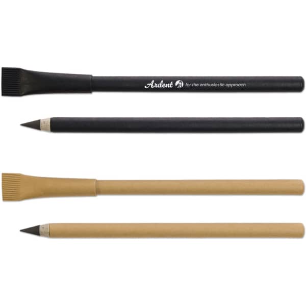 Three inkless pens in black and kraft brown, featuring unique designs and a logo on the black pen.