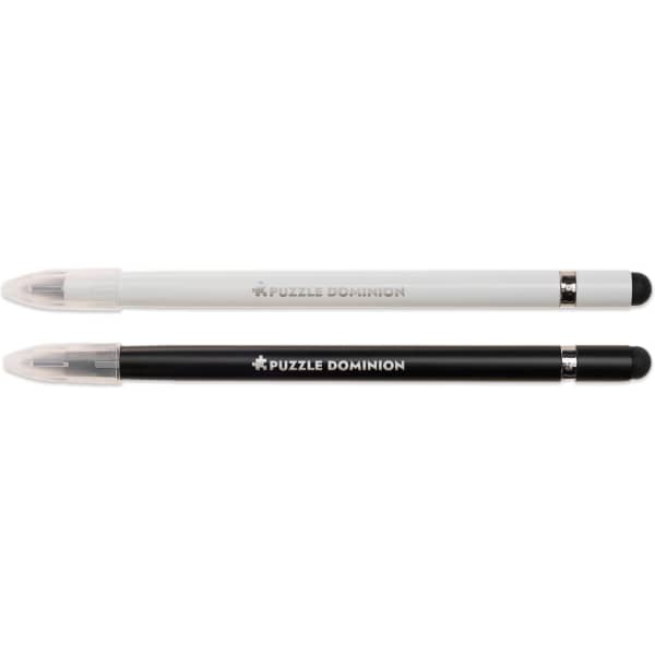 A set of two pens, one white and one black, featuring a logo and a sleek design.