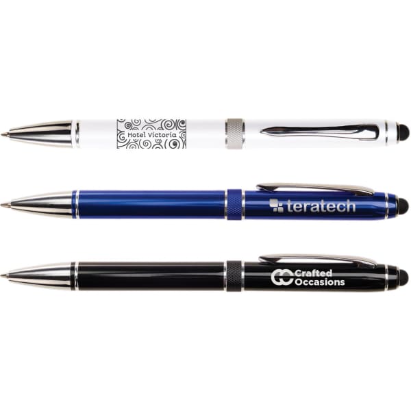 Three metal pens are displayed: a white one with a design, a blue pen, and a black pen, each featuring a logo.