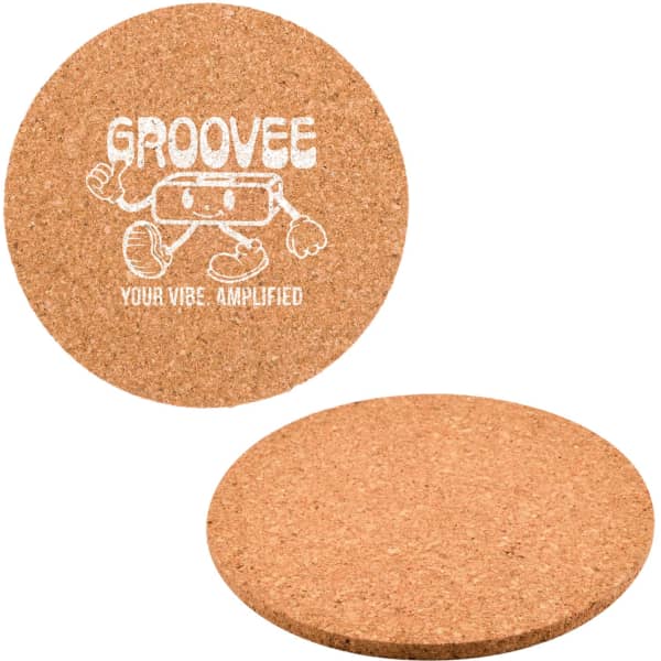 A round cork coaster featuring a white logo design, with a smooth, natural cork surface.