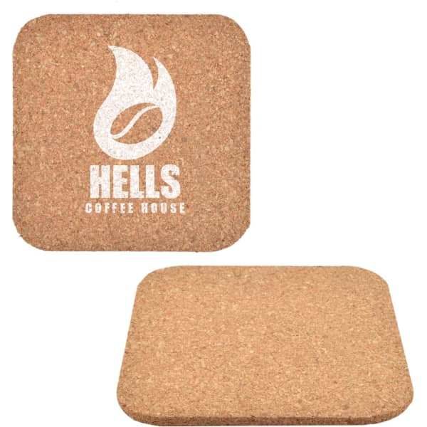 A cork square coaster in a natural brown shade with a logo printed on one side. Both sides are flat and simple.