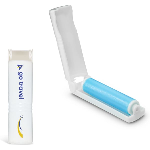 A mini lint roller in white and blue, with a logo, featuring a retractable design for easy storage.