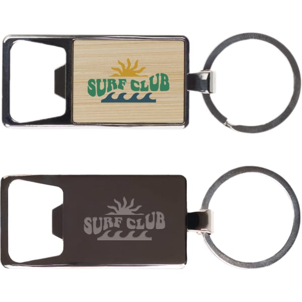 A drink bottle opener keyring featuring a wooden and a metal design, both with a logo and silver keyring.