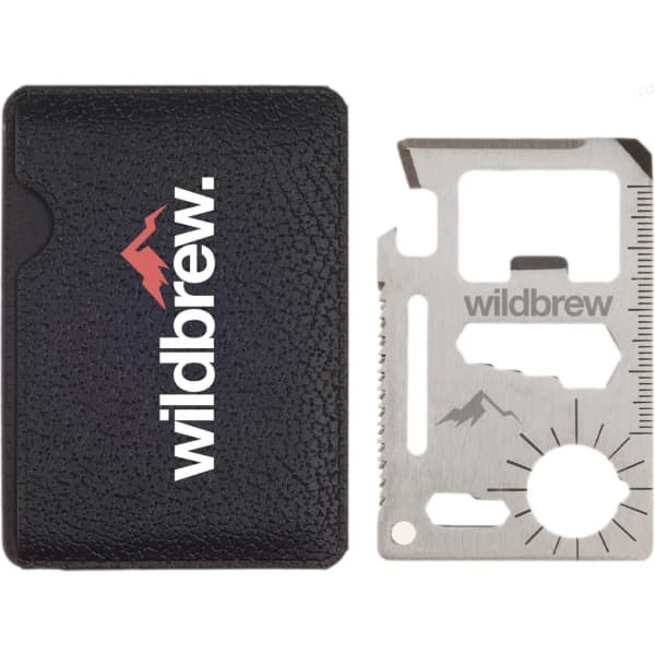 A metal multi-tool in a black pouch, featuring a logo. The tool includes various functional elements and measurements.