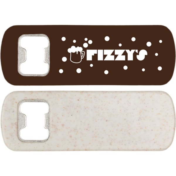 A drink bottle opener featuring a brown and cream design, with a logo and a bottle cap remover.