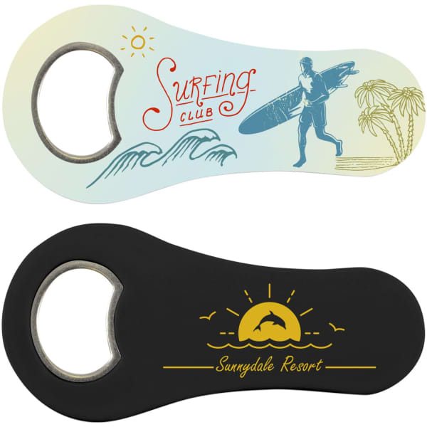 A drink bottle opener featuring a colourful design on one side and a sleek black finish on the other, with logos.
