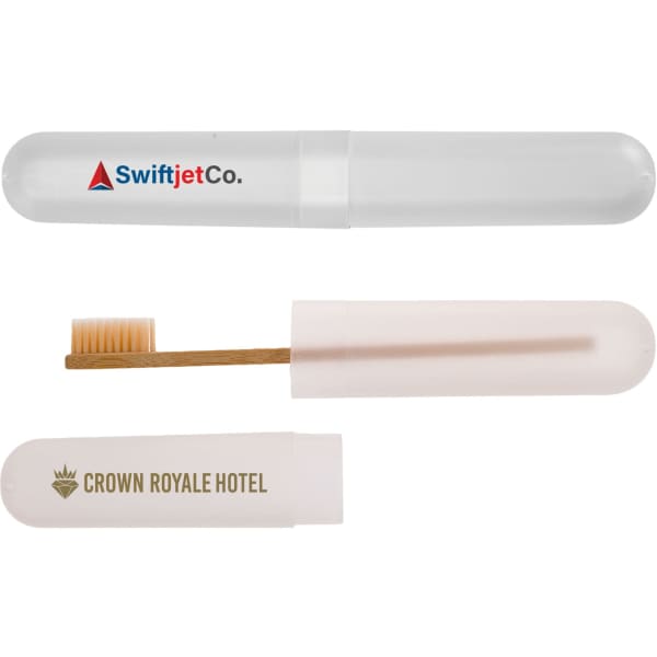 A clear, plastic toothbrush case containing a bamboo toothbrush and another case, featuring logos.