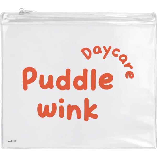A clear pencil case featuring orange text with the words 