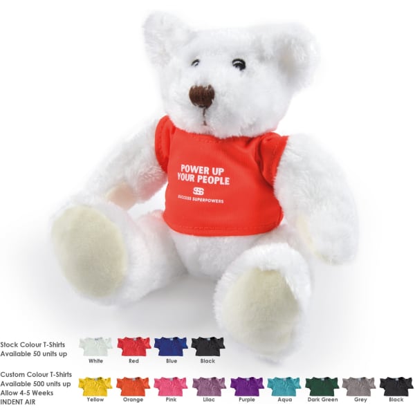 A white plush teddy bear wearing a red T-shirt, featuring a logo and available in various other colours.