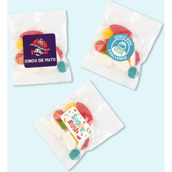 Assorted jelly lollies in vibrant colours, packaged in a clear cello bag with various logos.