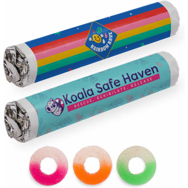 A tube of assorted flavoured fruit rings in vibrant colours, featuring a logo on each end of the packaging.