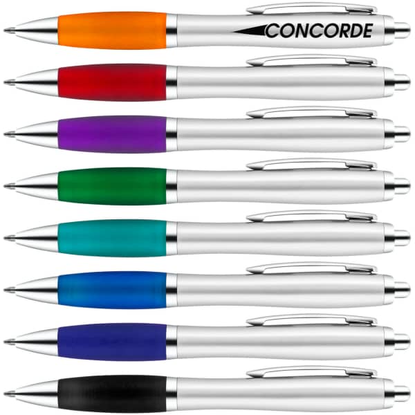A collection of metal pens in various colours including orange, red, purple, green, blue, and black, featuring a logo.