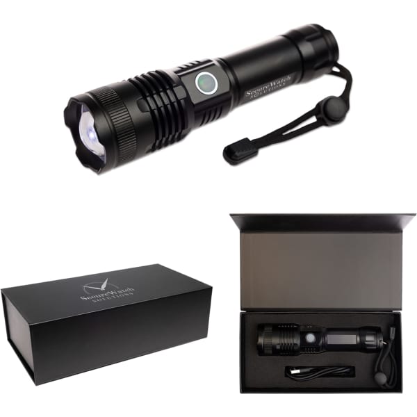 A black rechargeable torch with a wrist strap and a compact gift box packaging. The torch features a branding logo.
