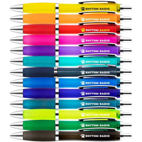 A collection of transparent plastic pens in various bright colours, featuring a logo on each pen.