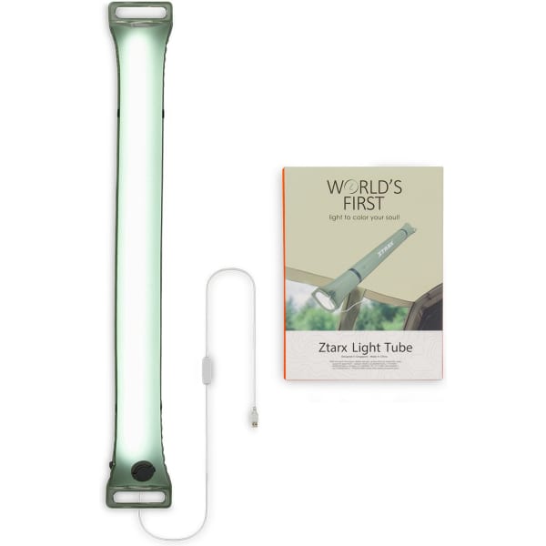 A foldable camp light in green and white, with a USB charging cable and a box packaging.
