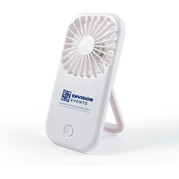 A portable white fan with a stand, featuring a logo on the front.
