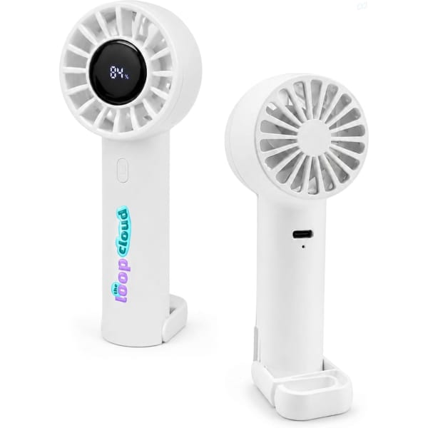 A rechargeable fan in white with a circular design, featuring a logo and a base for stability.