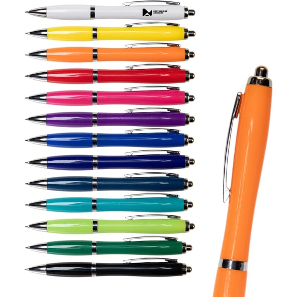A display of various plastic pens in colours including orange, purple, pink, and green, with a logo on some pens.