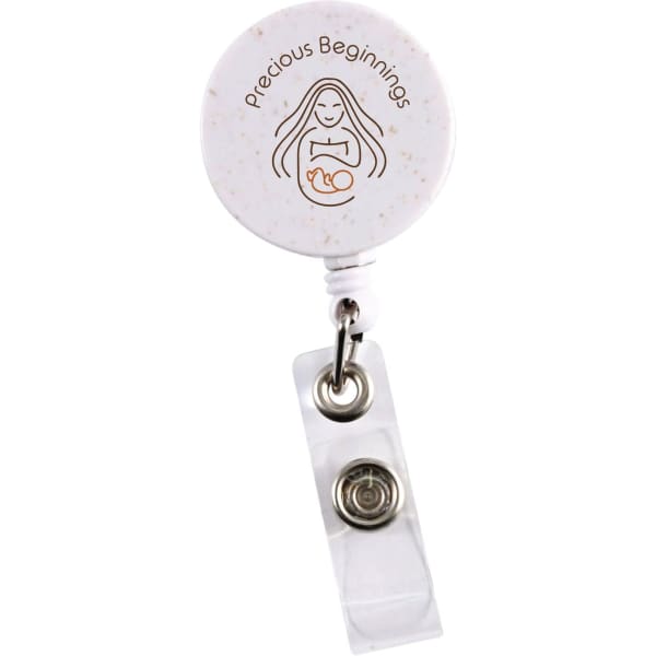 A retractable badge holder in white with a speckled design and a clear clip, featuring a logo.