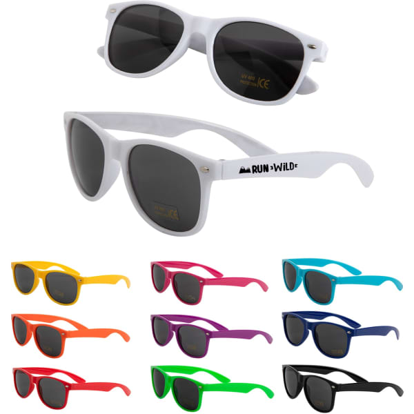 A collection of Horizon Sunglasses in various colours including white, yellow, orange, pink, purple, blue, and green.