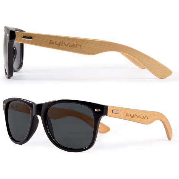 Bamboo sunglasses featuring black frames and wooden arms with a logo on the side.
