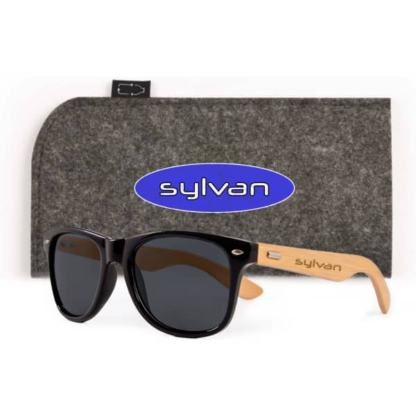 A pair of black sunglasses with bamboo arms, accompanied by a grey protective case featuring a logo.