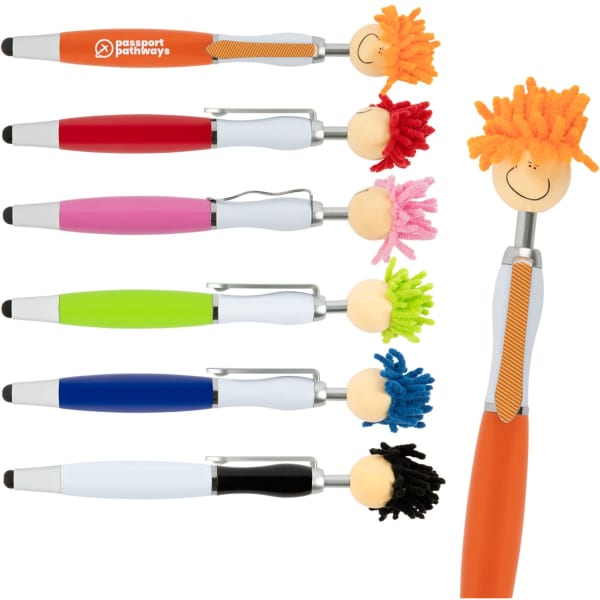 A collection of stylus pens in various colours, featuring a playful mop-top design on the caps.