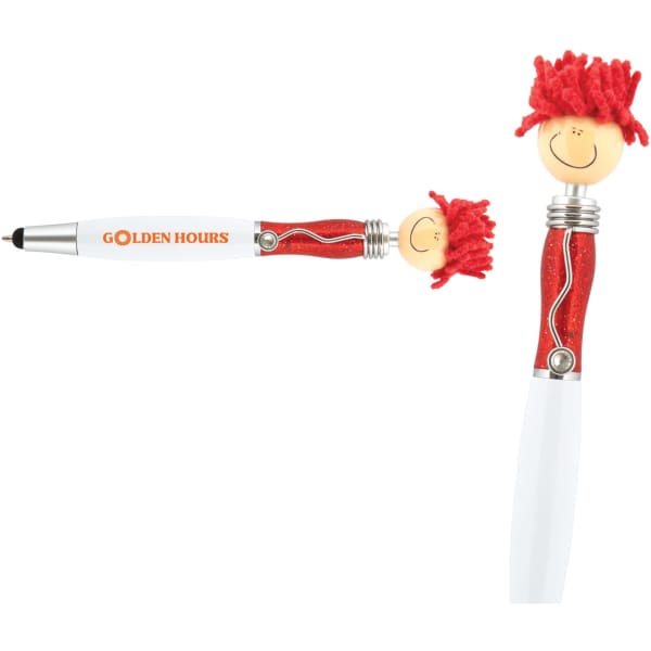 A stylus pen with a red-haired character head, featuring a glittery red and white body, and a logo.