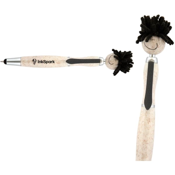 A stylus pen with a mop-top design, featuring a black tuft and a natural-toned barrel. It has a logo.