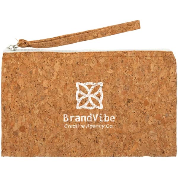 A cork pencil case with a zip closure and a wrist strap, featuring a branding logo in white.