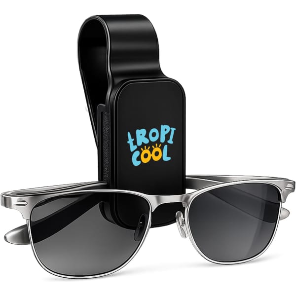 A black visor glasses holder with a clip and silver sunglasses featured in front. Includes a logo design.