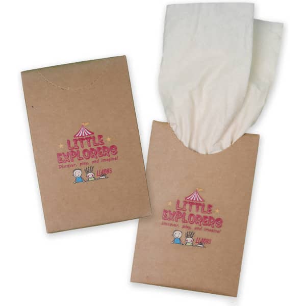 A pack of bamboo tissues in a light brown, cardboard holder with an opening at the top.