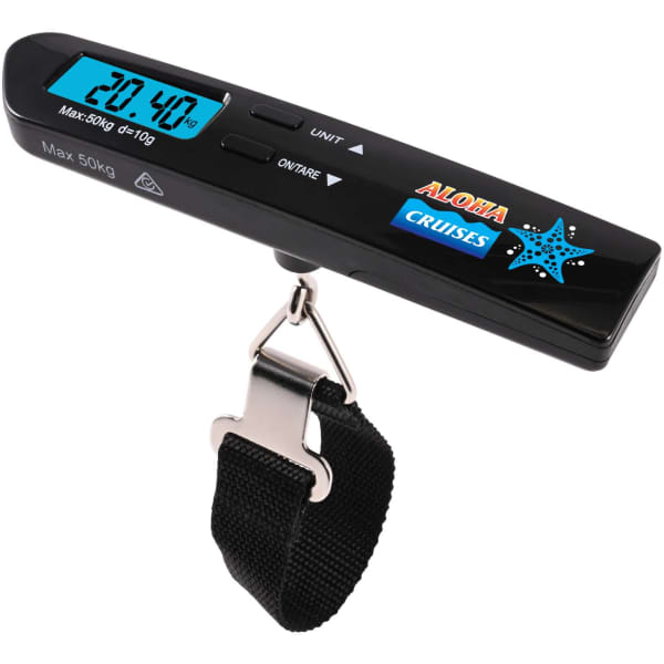 A digital luggage scale in black with a display and a strap for weighing items.