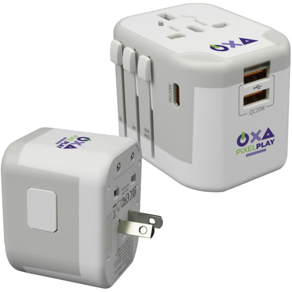 A travel adaptor in white and grey with multiple plug options and a USB port, featuring a logo.