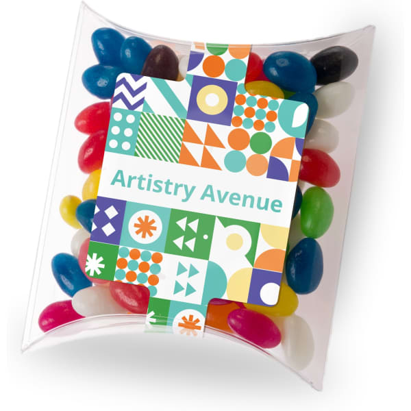 Assorted jelly beans in various colours, presented in a clear pillow pack with a decorative label.