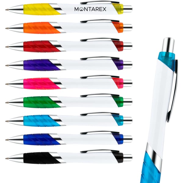 A set of ten plastic ballpoint pens in various colours with a white body and a branded logo.
