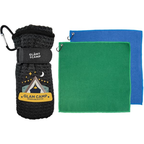 A black drink bottle with a logo, accompanied by green and blue travel towels.