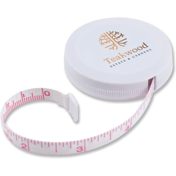 A white Tornado tape measure with a retractable pink measuring tape. It features a logo on the lid.