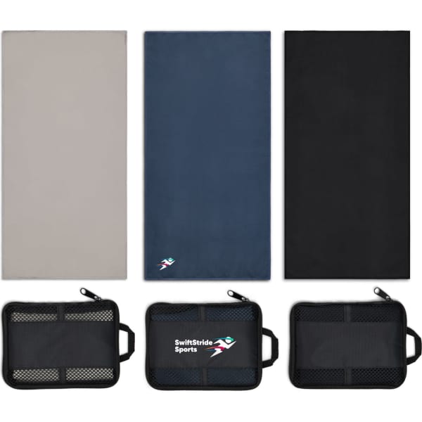 Three sports towels in grey, navy, and black, alongside a black carrying pouch with a logo.