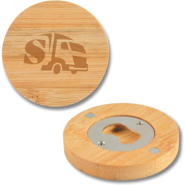 A drink bottle opener coaster made of bamboo with a metal opener and a circular design featuring a logo.