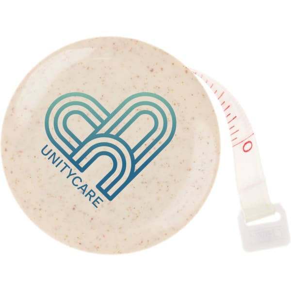 A beige tape measure with a retractable mechanism and a logo, featuring a red measuring tape.