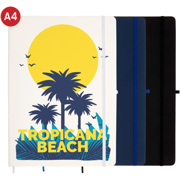 A4 Capella notebook featuring a tropical beach design in white, with black and blue options available.