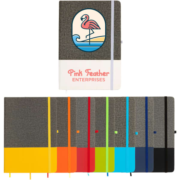 A textured A5 notebook in multiple colours, featuring a logo and an elastic closure.