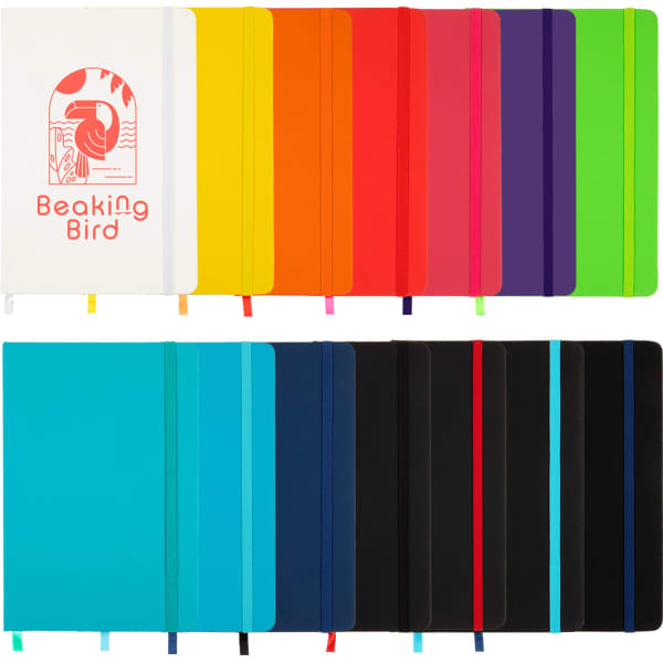 A collection of brightly coloured A5 notebooks featuring a variety of hues, including white, orange, red, purple, and black.